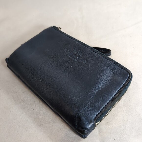 Coach Park Wristlet Metallic Blue Leather Pebbled F64130 Double Zipper Strap - Picture 15 of 16
